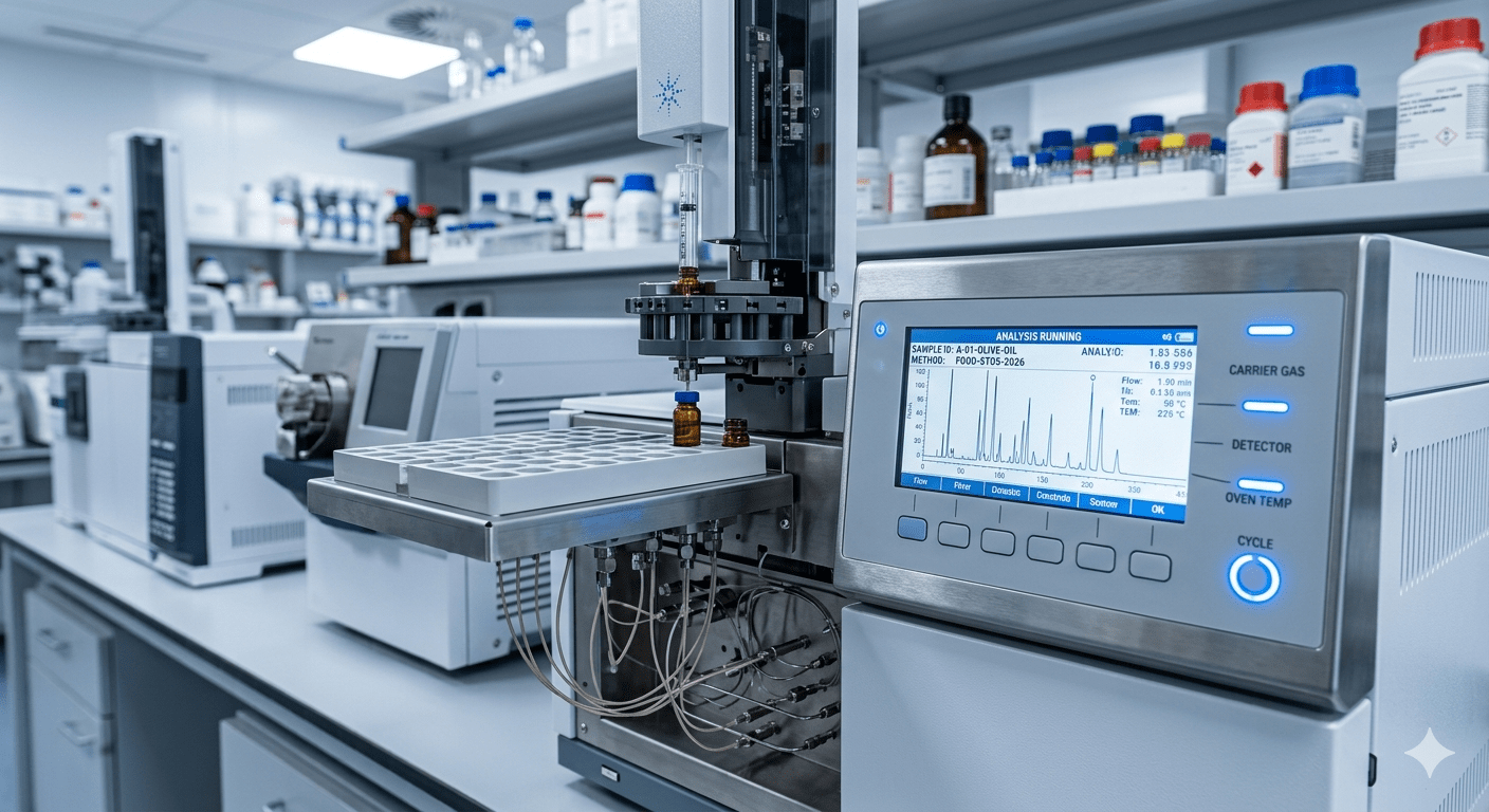 Cromat&oacute;grafo de gases en laboratorio anal&iacute;tico para an&aacute;lisis de hidrocarburos de aceites minerales MOSH MOAH