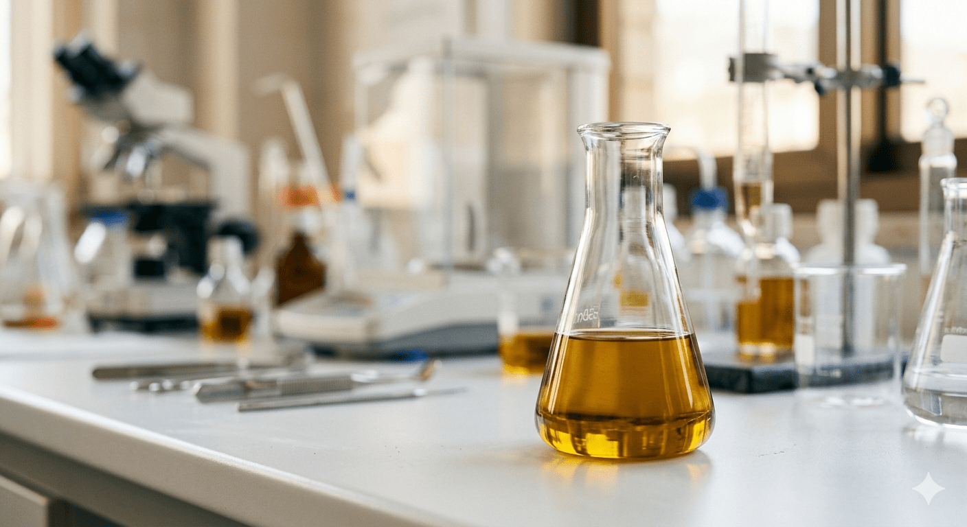 T&eacute;cnico de laboratorio analizando muestra de aceite de oliva para detecci&oacute;n de MOSH y MOAH mediante cromatograf&iacute;a