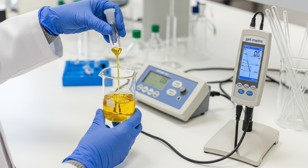 Determinación de acidez libre en aceite de oliva mediante valoración ácido-base ISO 660:2020 en laboratorio acreditado