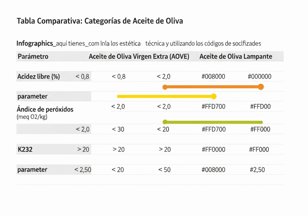 Parámetros normativos de clasificación de aceite de oliva - Reglamento UE 2022/2104 Tabla comparativa de límites fisicoquímicos para clasificación de aceite de oliva según Reglamento UE 2022/2104: virgen extra, virgen y lampante