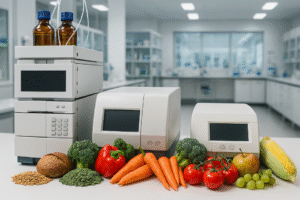 Impacto en la seguridad alimentaria Ilustración sobre el impacto de la norma ISO/IEC 17025 en la seguridad alimentaria, con alimentos en laboratorio