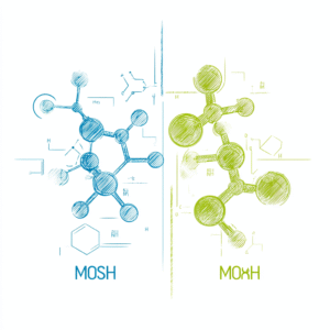 Ilustración comparativa de estructuras moleculares MOSH y MOAH, hidrocarburos minerales utilizados en el análisis ambiental y agroalimentario