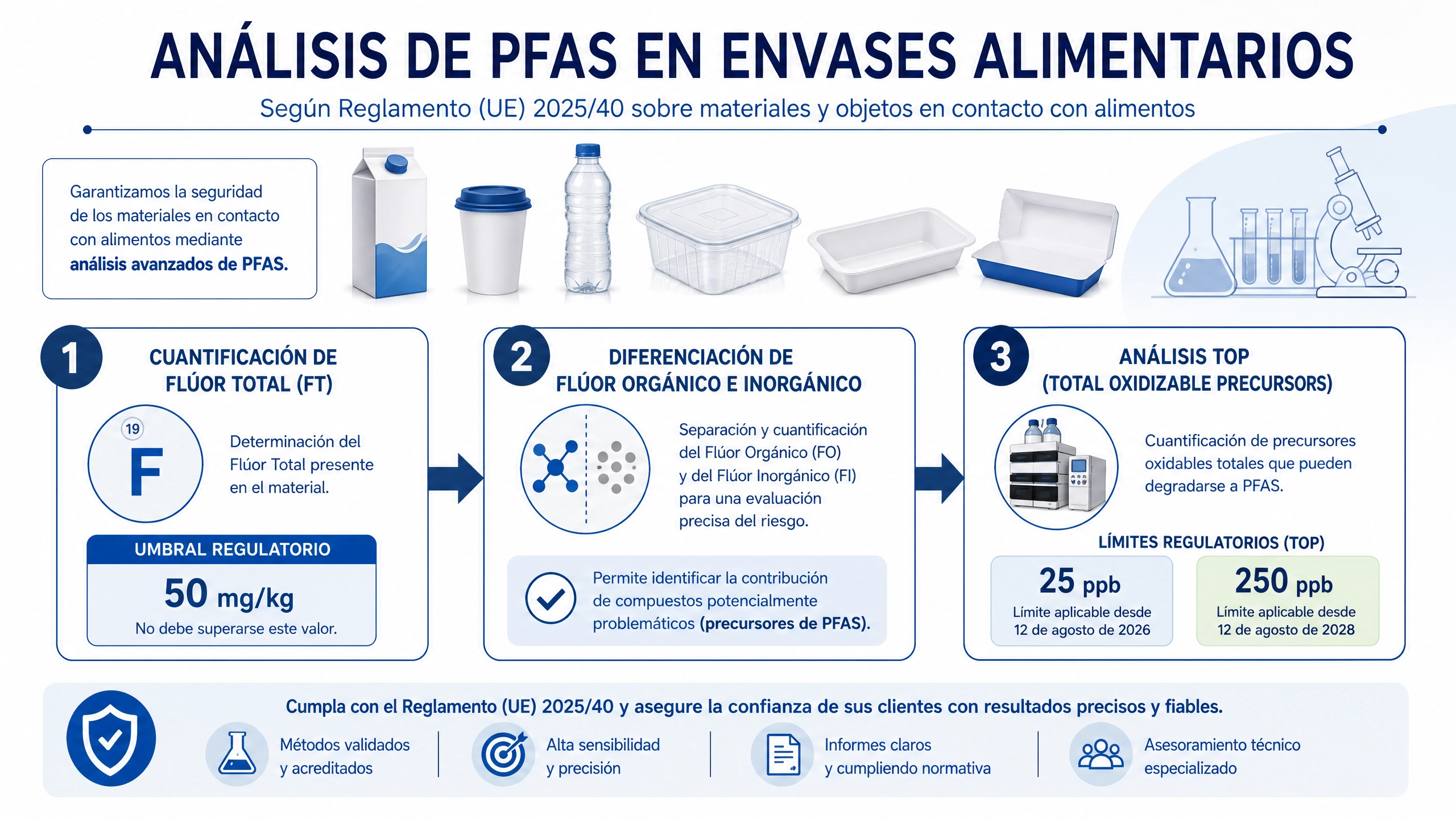 Infografía análisis PFAS en envases alimentarios Reglamento UE 2025/40 - tres etapas: flúor total, diferenciación orgánico-inorgánico y análisis TOP